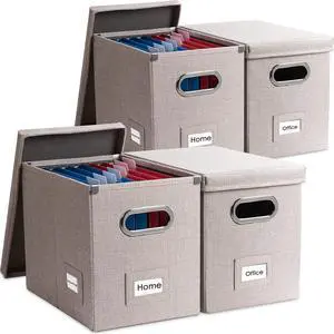 PRANDOM File Organizer Box - Set of 4 Collapsible Decorative Linen Filing Storage Hanging File Folders with Lids Office Cabinet Letter Size Light Grey (14x9.3x10.8 inch)