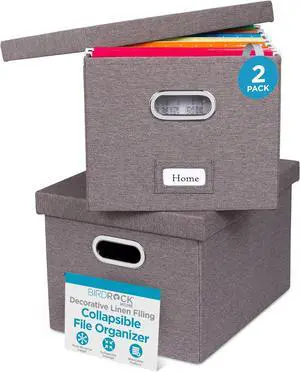 Internet's Best Collapsible File Storage Organizer with Lid - Decorative Linen Filing & Storage Office Box  Hanging Letter/Legal Folder  Home Office Bins Cabinet  Grey Container - 2 Pack