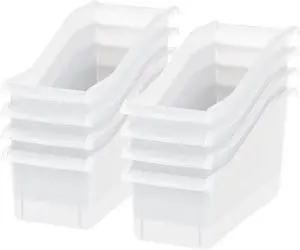 IRIS USA Plastic Book Bin Magazine Holder, 8-Pack, Vertical Standing Connecting Container Box for Office Dorm Study Homework Binder Notebook File Craft Stationery Supplies Organizer Caddy, Clear