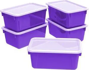 Storex Small Cubby Bins  Plastic Storage Containers for Classroom with Non-Snap Lid, 12.2 x 7.8 x 5.1 inches, Purple, (62411U05C) (Pack of 5)