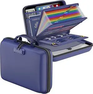DocSafe Fireproof File Organizer with Lock, Hard-Shell Case Fireproof Document Box with 13 Pocket Accordion File Folder, Portable Home Office Travel Safe Storage for Important Documents Laptop Blue