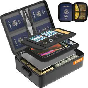 Grothery 5200°F Fireproof Document Organizer with Lock Fireproof & Waterproof File Organizer Box 8 Layer Heat Insulated Aluminum Foil Important Document Box Fire Proof Passport Travel Doc Holder Black
