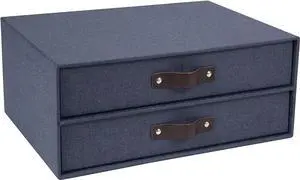 Bigso Box of Sweden Birger 2-Drawer Canvas Fiberboard Handle Letter Box | Desktop Drawers for Loose Papers & Documents | Desktop Storage Drawers with Leather Handles | 13.1 x 10 x 5.7 | Blue