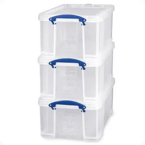Really Useful Box 3-Pack Clear Plastic Storage Bins with Lids & Clip Handles, 32 Liters - Stackable, Portable and Transparent Organizer Containers for Home, Garage and Office
