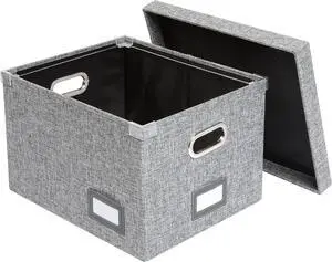 Pendaflex Collapsible File Box with Lid, Includes File Frame for Letter and Legal Hanging File Folders, Metal Handles, Labels, Heather Gray (41790)