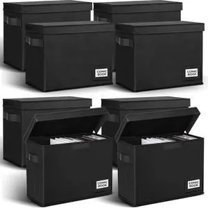 Lincia 8 Pack Comic Book Storage Boxes, 15.4" x 7.5" x 11.4" Book Box Organizer Collapsible with Handles, Stackable Short Bin to Holds 150-180 Comics for Home School Classroom, Black