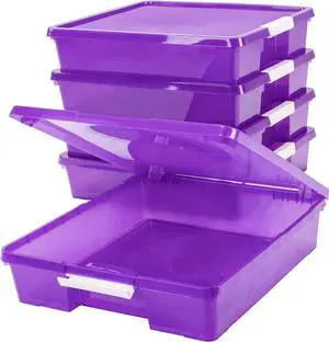 Storex Classroom Craft Project Box  Stacking Plastic Organizer Fits 12x12 Scrapbooking Paper, Purple, 5-Pack (63206U05C)
