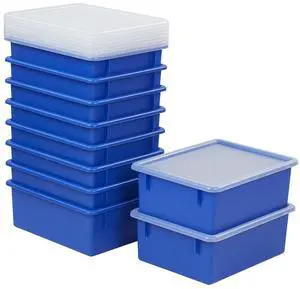 ECR4Kids Letter Size Deep Tray with Lid, Storage Bin, Blue, 10-Piece