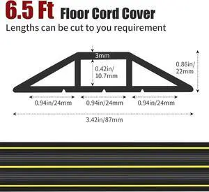 6 FT Floor Cable Cover, Cord Covers for Wires on Floor, Heavy Duty PVC Duct Extension Wire Covers, 3 Channels Cable Management for Indoor Outdoor, Black
