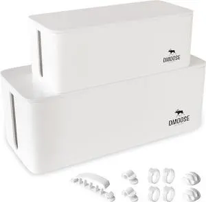 DMoose Cable Management Box - 2 Pack Medium & Large Cord Organizer for Desk & Floor - Cable Organizer Box for Child & Pet - Cable Box Hider for Tidy Office & Home, Power Strip Cover (White, Pack of 2)