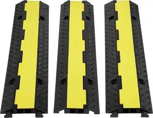 VEVOR 3 PCs 2 Channel Rubber Cable Protector Ramp, 12000 lbs/axle Capacity Heavy Duty Hose Wire Cover Ramp Driveway, Traffic Speed Bump w/Flip-Open Top Cover, for Indoor&Outdoor