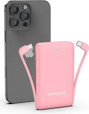 10000mAh Compatible with iPhone 15/16/17 (Only) Slim Portable Charger with Built in Cable, Power Bank Travel Charger External Battery Pack for Phone, 3 Output USB Type C Cord Clutch Charger, Pink
