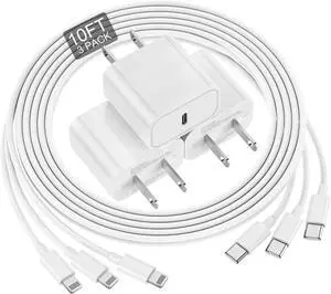 for iPhone Charger Fast Charging 10 FT, Long USB C to Lighting Cable 10 Foot with 20W USB C Rapid Phone Charger Block, Compatible with iPhone 14 Pro/13Pro Max/12/11Pro/Mini, 3 Pack-White
