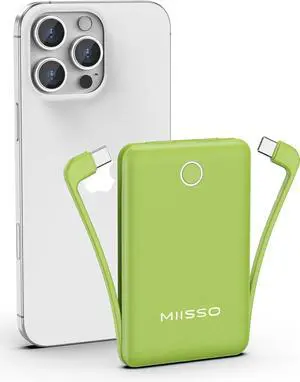 10000mAh Compatible with iPhone 15/16/17 (Only) Slim Portable Charger with Built in Cable, Power Bank Travel Charger External Battery Pack for Phone, 3 Output USB Type C Cord Clutch Charger, Green