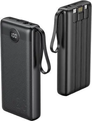 VRURC Portable Charger 20000mAh, Built-in Cable Fast Charging Power Bank, PD QC 3.0 Travel Essentials Battery Pack, 4 Output & 2 Input Phone Charger for iPhone,Samsung, Android-Black