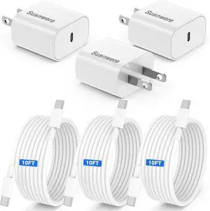 3-Pack 20w USB C Charger for iPhone 17 Air/16/15/Pro Max with Long 10ft USB C to C Cable,iPhone Charger Fast Wall Charger Block Compatible with iPad Pro AirPods and More