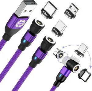 Magnetic Charging Cable (3 Pack 3.3/6.6/6.6FT),1 Port Vs 3 Tips, 360° Rotation 1PIN Phone Charge Cable for Micro USB iProduct Type C Device with LED Working Light (Purple)
