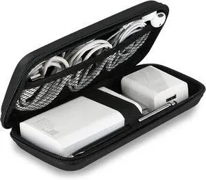 iMangoo Shockproof Travel Essentials Organizer Charger Case, Space-Optimized Small Zipper Electronics Accessories Pouch Tech Cord Cable Power Bank Storage for Women Men, 6.5x3.2x1 In (Black)