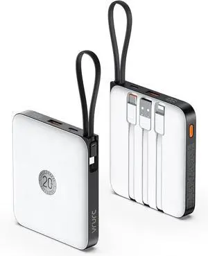 VRURC Portable Charger with Built-in 4 Cables, 10000mAh Battery Pack PD 20W for iPhone, 22.5W USB C Travel Power Bank for iPhone 16 15 14 13 Samsung Galaxy S23 S22 Google Android Phones, Whtie