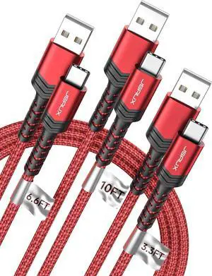 JSAUX USB C Cable Fast Charging, 3-Pack (10ft+6.6ft+3.3ft) USB A to Type C Charge Cord for iPhone 17/17 Pro/17 Pro Max, iPhone 16/16 Pro/16 Pro Max, Samsung Galaxy S21 S20 Note 20, USB C Charger(Red)