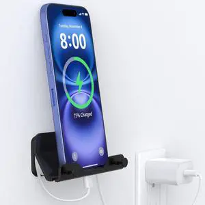 HomeMount Wall Mount Phone Holder - Hands-Free Adhesive Strip for Bedroom, Living Room, Kitchen - Compatible With All Phones or Mini iPad, Black