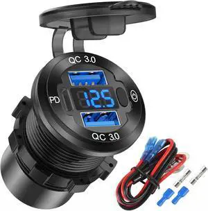 12V USB Outlet Wire Aluminum Car Charger Multi Port, Dual USB Quick Charge 3.0 Port and PD USB C Socket with Voltmeter Switch for Car Boat Marine Truck RV, Fast Charge for iPhone iPad Android Phones