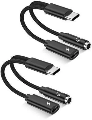 2Pack 2 in 1 USB C to 3.5mm Aux Adapter, Android Dongle C to C Fast Charging for Apple iPhone 17 16 15 Samsung Galaxy Headphone Jack Adapter 60W PD Auxiliar Audio Cord Adoptor Male to Female Converter