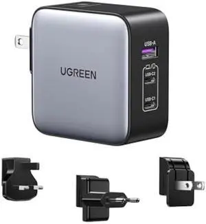 UGREEN 65W USB C Travel Adapter, Foladable Fast GaN Charger with US/UK/EU 3 Plugs, 3-Port International Power Adapter for MacBook Air/Pro, Dell XPS, iPhone 17/16/15, iPad, Galaxy S25/S24, Steam Deck