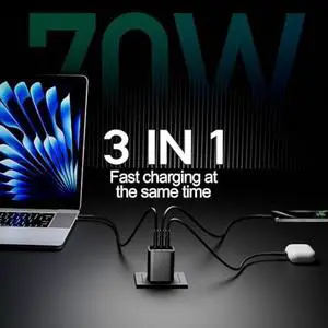 70W USB C Charger Block for MacBook Air MacBook Pro, 3-Port Wall Charger Compact Foldable for iPad Pro Air Mini, iPhone 16 15 14 13 12, 45W PPS Fast Charging for Galaxy S24 S23 S22 S21 Note 20, Pixel