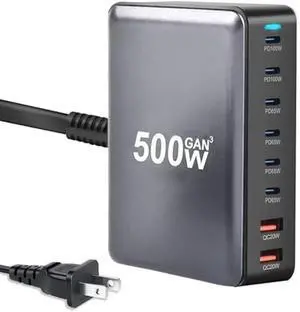 500W USB C Fast Charging Station Hub, 8 Port HUB Fast Charging Brick for Multiple Devices,PD PPS 100W Wall Charger Compatible with MacBook Pro/Air/All iPad iPhone 16/15, for HP Dell Lenovo Acer Laptop