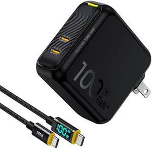 AOHI 100W USB C Charger GaN+, 2 Port Type C PD Wall Charger Foldable Power Adapter with 4ft USB C LED Display Cable for MacBook Pro/Air, iPad Pro, iPhone 15/14/13/12, Galaxy, Laptops, Black