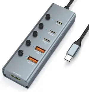 10Gbps USB C Hub Multiport Adapter, 6 Ports USB C Splitter with 4 USB 3.2 Gen 2 Ports, 4K@60Hz HDMI, 100W PD, Touch Switch, USBC to USB Hub for MacBook, iPad, HP, Dell (Not Support Type-C Monitor)