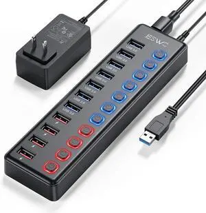 Powered USB Hub, JESWO 11-Port USB 3.0 Hub (7 Data Transfer Ports + 4 Smart Charging Ports) with Individual LED On/Off Switches, USB Hub Powered with 12V/3A Power Adapter for Mac, PC Powered USB Hub, JESWO 11-Port USB 3.0 Hub (7 Data Transfer Ports + 4 Smart Charging Ports) with Individual LED On/Off Switches, USB Hub Powered with 12V/3A Power Adapter for Mac, PC