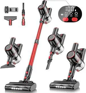 Cordless Vacuum Cleaner, 40KPA Powerful Stick Vacuum 8 in 1 Lightweight Vacuum Cleaners for Home, LED Display, 3 Suction Modes, 45Mins Detachable Battery Vacuum for Hard Floor Carpet Pet Hair (Red)