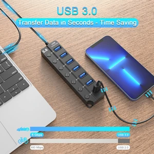 7 Port USB Hub Splitter 3.0 for Laptop Desktop USB Adapter with Individual Switches 7 Port USB Hub Splitter 3.0 for Laptop Desktop USB Adapter with Individual Switches