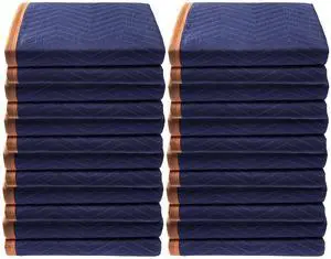 Moving Blankets, 80" x 72", 35 lbs/dz Weight, 12 Packs, Professional Non-Woven & Recycled Cotton Packing Blanket, Heavy Duty Mover Pads for Protecting Furniture, Floors, Appliances, Blue/Orange
