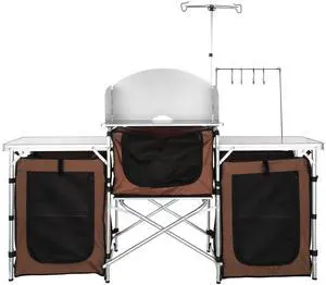 VEVOR Camping Kitchen Table, Folding Outdoor Cooking Table with Storage Carrying Bag, Aluminum Cook Station 3 Cupboard & Detachable Windscreen, Quick Set-up for Picnics, BBQ, RV Traveling, Brown VEVOR Camping Kitchen Table, Folding Outdoor Cooking Table with Storage Carrying Bag, Aluminum Cook Station 3 Cupboard & Detachable Windscreen, Quick Set-up for Picnics, BBQ, RV Traveling, Brown