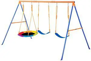Swing Sets for Backyard, 600lbs Load Capacity Swing Set, with 1 Saucer Swing Seat, 2 Belt Swing Seats, Heavy Duty A-Frame Metal Swing Stand and Adjustable Rope, Swingset Outdoor for Kids Swing Sets for Backyard, 600lbs Load Capacity Swing Set, with 1 Saucer Swing Seat, 2 Belt Swing Seats, Heavy Duty A-Frame Metal Swing Stand and Adjustable Rope, Swingset Outdoor for Kids