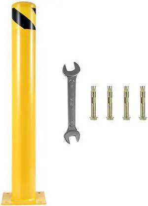 Safety Bollard, 48 Inch Height Bollard Post, 4.5 Inch Diameter Steel Pipe Safety Bollard Post, Yellow Steel Bollard, Steel Safety Bollard with 8 Anchor Bolts, Perfect for Traffic-Sensitive Area