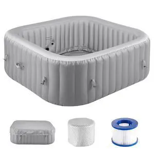 Inflatable Hot Tub, 4 to 6 Person Capacity, 72.8 x 26 in Square Portable Outdoor Spa, with 130 Soothing Jets, Filter, Cover and Mat, Multi-function Control Panel, PVC Outdoor Hot Tub, Grey
