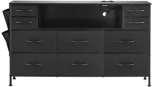 10 Drawer Dresser, Fabric Drawer Dresser with Fabric Bins, Closet Storage Drawers with Open Storage Shelf, LED Lights & Built-in Outlet, Fabric Storage Tower for Bedroom, Hallway, Closet, Black