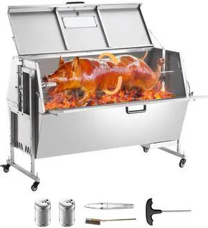 60W Rotisserie Grill with Hooded Cover, 56 Inch Pig Lamb Goat Rotisserie Grill Roaster, 286Lbs Capacity, Stainless Steel Charcoal Spit Roaster with Lockable Wheels, for Camping Outdoor Barbecue