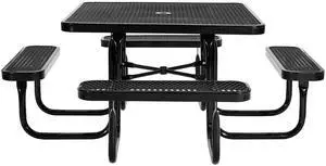 Picnic Table, Outdoor Weather Resistant Patio Dining Furniture Set, Heavy Duty Coated Steel Tables with Umbrella Hole, 45.7 in Square Table and Bench Set, for Garden, Backyard, Porch, Black