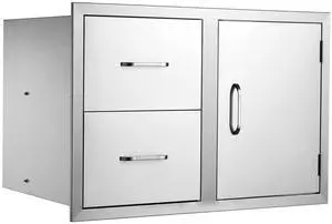 Outdoor Kitchen Door Drawer Combo 32.5\" W x 21.6\" H x 20.5\'\'D, Access Door/Double Drawers with Paper Towel Rack, BBQ Island Drawers with Stainless Steel Handles for Outdoor Kitchen