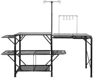 VEVOR Camping Kitchen Table, One-piece Folding Portable Cook Station with A Carrying Bag, Long Aluminum Camping Table 3 Side Tables, 2 Shelves & A Detachable Sink for Outdoor Picnics, BBQs, Camping VEVOR Camping Kitchen Table, One-piece Folding Portable Cook Station with A Carrying Bag, Long Aluminum Camping Table 3 Side Tables, 2 Shelves & A Detachable Sink for Outdoor Picnics, BBQs, Camping