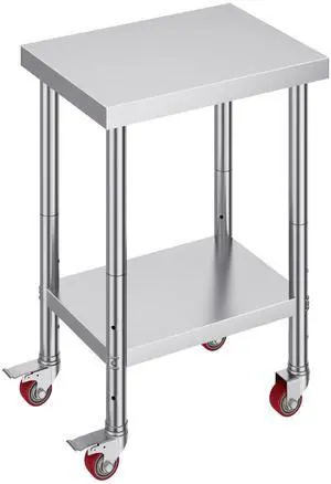 Stainless Steel Work Table 24 x 18 x 34 Inch, 700 LBS Load Capacity with 4 Wheels, 3 Adjustable Height Levels, Heavy Duty Food Prep Worktable for Commercial Kitchen Restaurant, Silver
