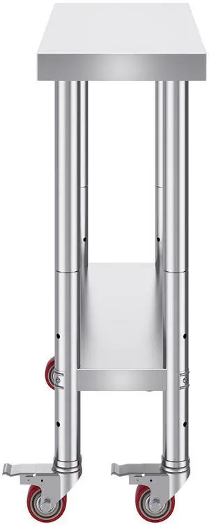 Stainless Steel Work Table 30 x 12 x 34 Inch, 700 LBS Load Capacity with 4 Wheels, 3 Adjustable Height Levels, Heavy Duty Food Prep Worktable for Commercial Kitchen Restaurant, Silver