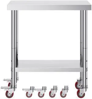 Stainless Steel Work Table 30 x 18 x 34 Inch, 700 LBS Load Capacity with 4 Wheels, 3 Adjustable Height Levels, Heavy Duty Food Prep Worktable for Commercial Kitchen Restaurant, Silver