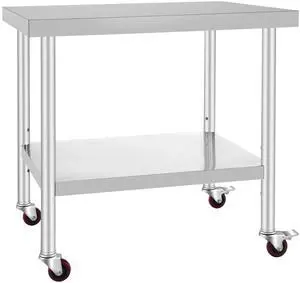 Stainless Steel Work Table 36 x 30 x 34 Inch, 700 LBS Load Capacity with 4 Wheels, 3 Adjustable Height Levels, Heavy Duty Food Prep Worktable for Commercial Kitchen Restaurant, Silver