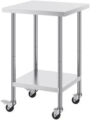 VEVOR Stainless Steel Work Table 24 x 24 x 38 Inch, 700 LBS Load Capacity with 4 Wheels, 3 Adjustable Height Levels, Heavy Duty Food Prep Worktable for Commercial Kitchen Restaurant, Silver